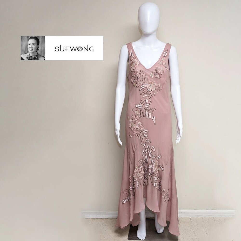 SUE WONG NOCTURNE Vintage 100% Silk Pink Embroidered/Beaded Fairy Core Dress Y2K